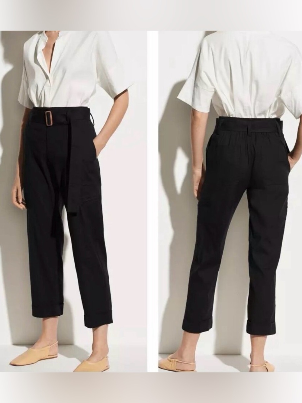 Vince Pants Black Linen Blend Belted Ankle Trouser Black Size Medium